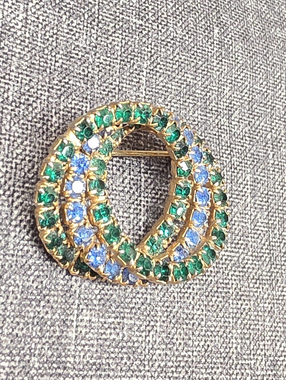 Vintage Green Blue Rhinestone Swirl Brooch Gold Tone MCM